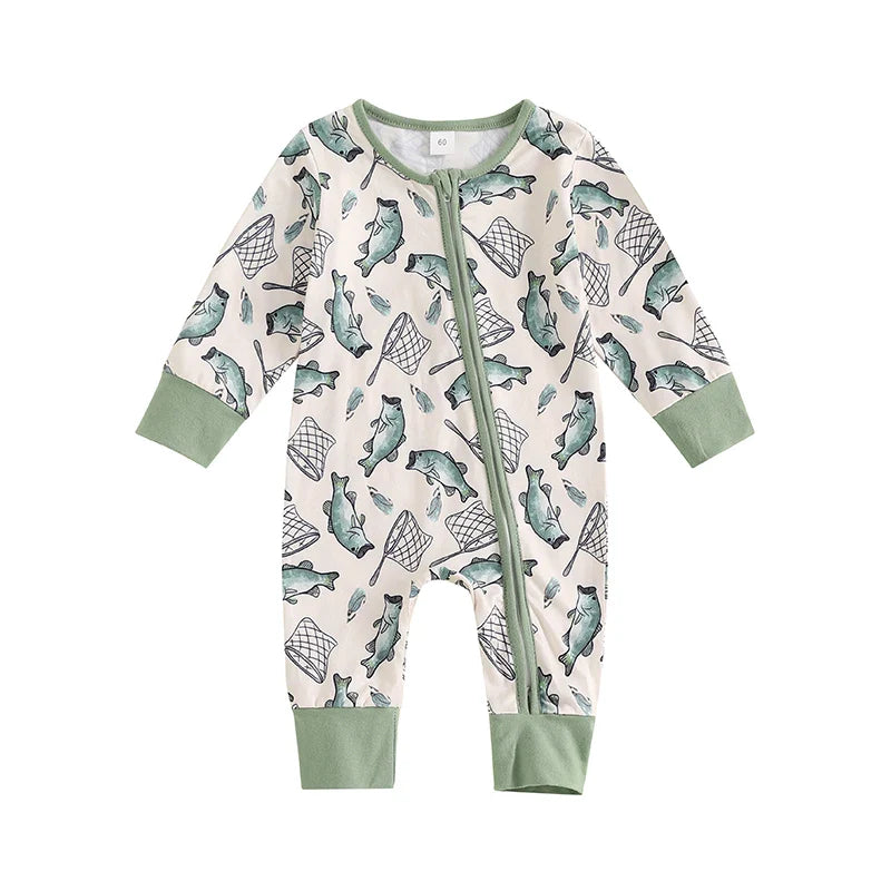 Baby boys and girls autumn casual romper by August + Willow, long sleeve fish print zipper jumpsuit for infants 0-3 months.