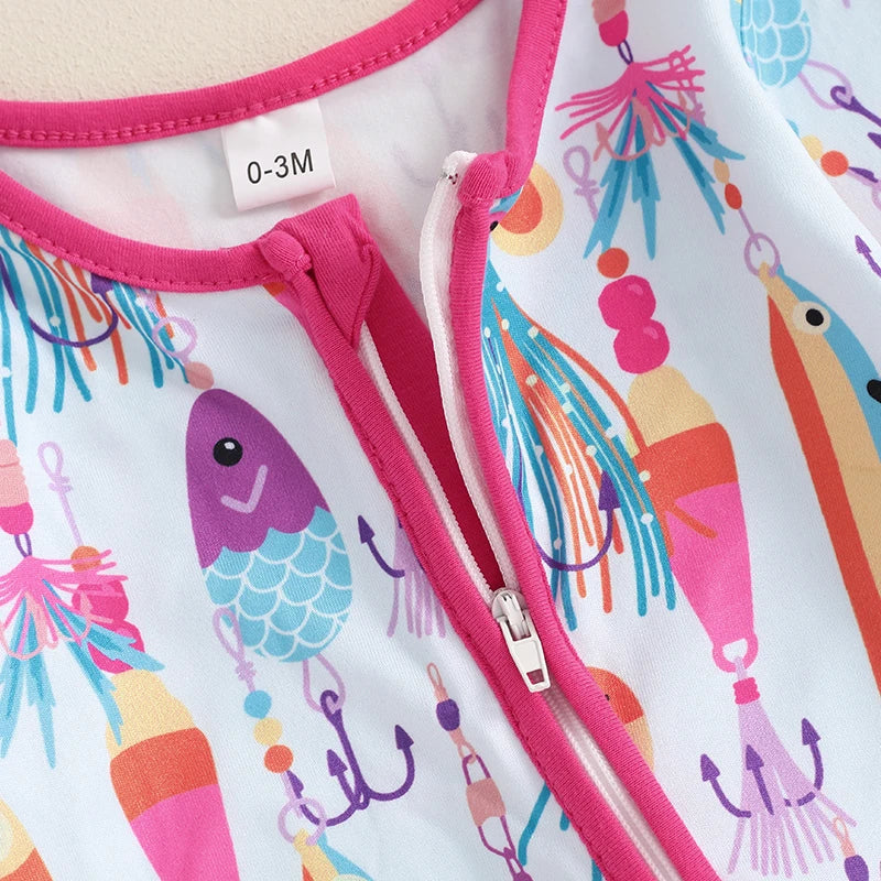 Baby boys and girls autumn casual romper by August + Willow, long sleeve, crew neck, fish print zipper jumpsuit for infants.