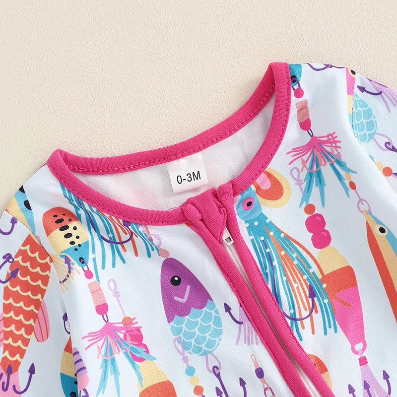 Baby boys and girls in blue autumn casual romper with long sleeves, crew neck, fish print, zipper jumpsuit by August + Willow.