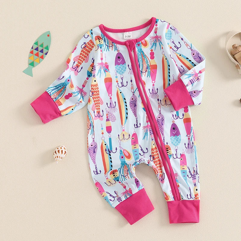 Baby boy or girl in a blue long-sleeve fish print romper with a zipper, casual autumn outfit for infants by August + Willow.