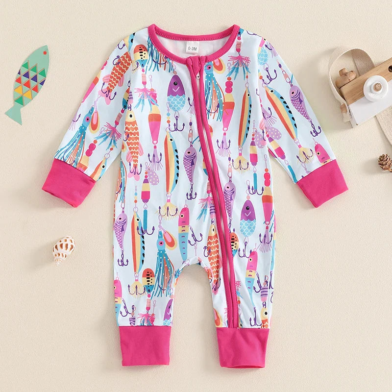 Baby boys and girls wearing August + Willow blue autumn romper with long sleeves, crew neck, fish print, and zipper closure.