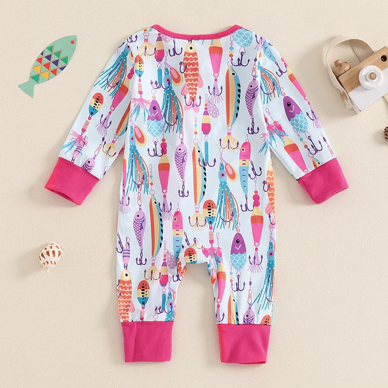 Baby boys and girls autumn casual romper by August + Willow featuring long sleeves, crew neck, fish print, and zipper jumpsuit.