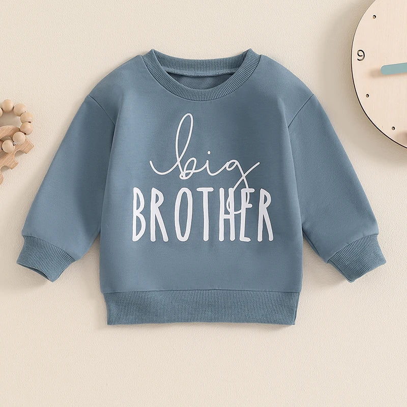 Baby toddler boys long sleeve pullover by August + Willow featuring big brother letter print in blue, suitable for autumn.
