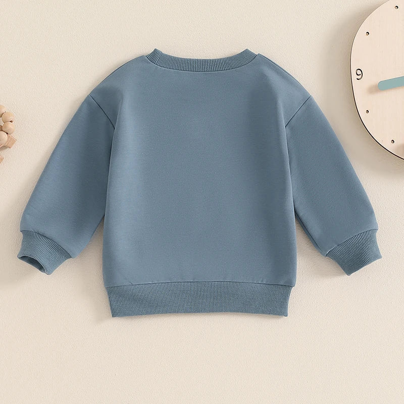 Baby toddler boys' long sleeve pullover by August + Willow with big brother letter print, in blue, suitable for autumn.
