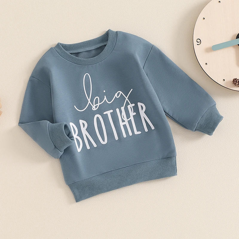 Baby toddler boys' long sleeve autumn pullover with big brother letter print, in blue, from August + Willow, for ages 3-4T.