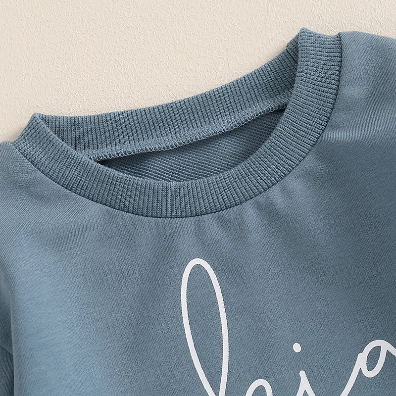 Baby toddler boys' long sleeve autumn pullover with big brother letter print, blue outfit from August + Willow.