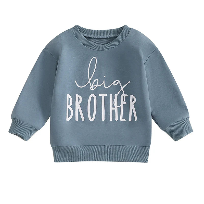 Baby toddler boys Big Brother letter print long sleeve autumn pullover from August + Willow, featuring a cozy blue top with fun print.