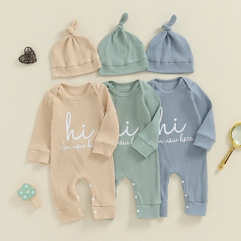 Blue baby romper and bodysuit set with "Hi I'm New Here" letter print, long sleeves, crew neck, and matching hat for boys and girls.