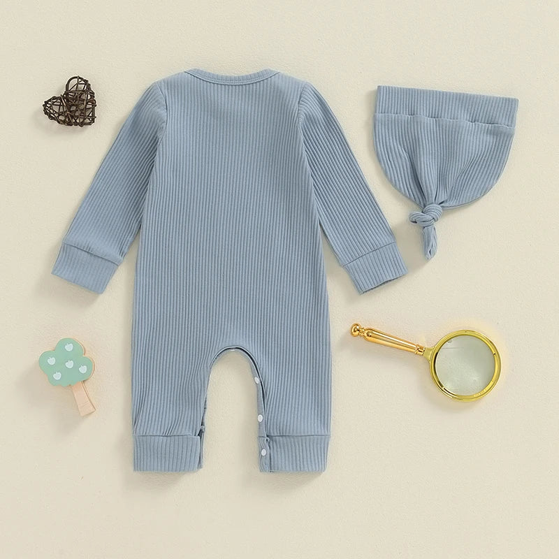 Baby boys and girls 2-piece romper set with letter print, long sleeves, crew neck, and matching hat by August + Willow.