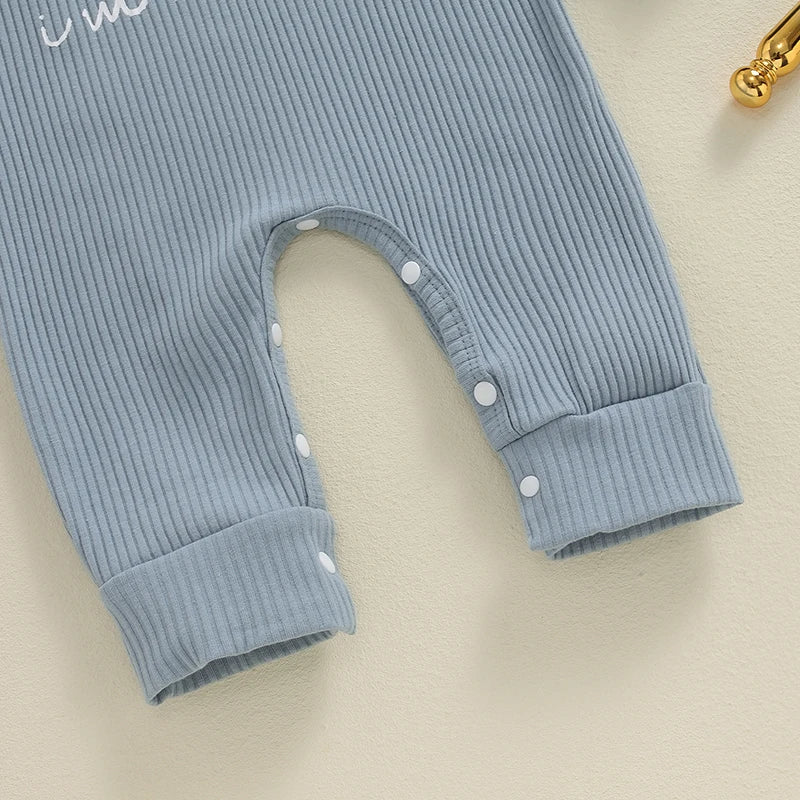 Baby boys and girls 2-piece romper and hat set by August + Willow, long sleeve letter print jumpsuit with crew neck for 6-12 months.