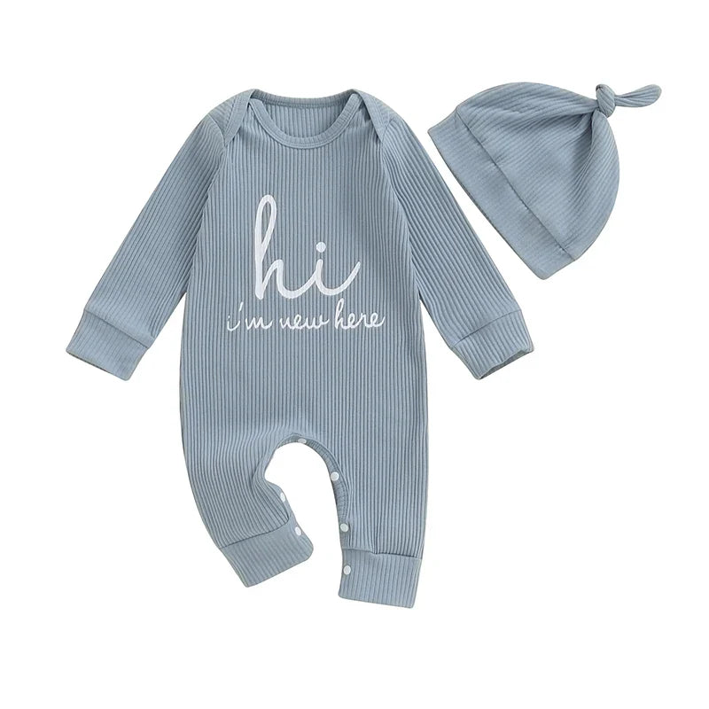 Baby boys and girls 2-piece romper and hat set by August + Willow, featuring a letter print long sleeve jumpsuit and bodysuit for 6-12 months.