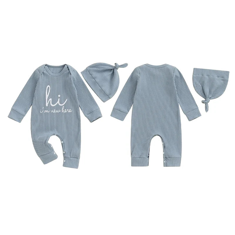 Baby boys and girls 2-piece romper set with letter print long sleeve jumpsuit and matching hat, by August + Willow for 6-12 months.