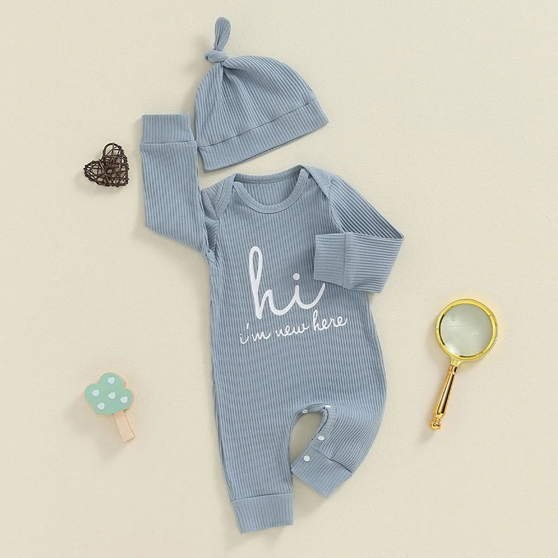 Baby boys and girls 2-piece romper set with long sleeves, letter print jumpsuit, crew neck, and matching hat by August + Willow.