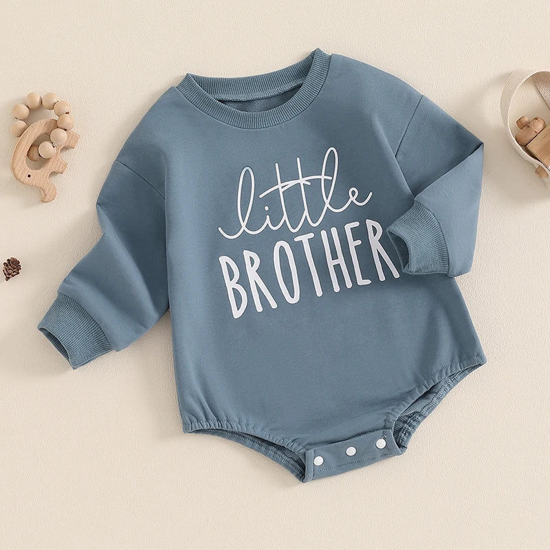 Baby boy bubble romper by August + Willow, long sleeve letter print bodysuit, round neck, blue jumpsuit for 6-12 months.