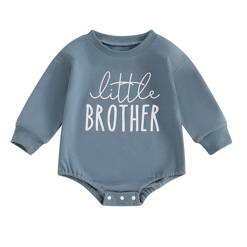 Baby boy bubble romper with letter print, long sleeves, round neck, from August + Willow, suitable for 6-12 months.