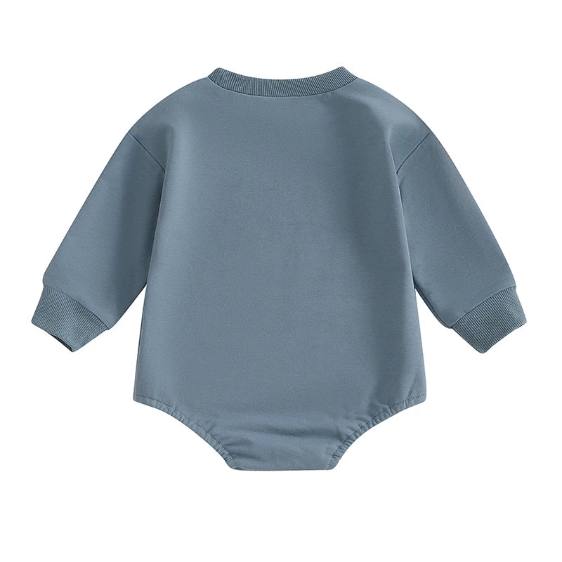 Baby boy's blue bubble romper by August + Willow, long sleeve bodysuit with letter print, round neck, and comfortable fit.