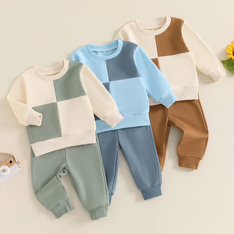 Baby toddler boys fall outfit set with long sleeve contrast crewneck top and solid pants, by August + Willow, for ages 6-12 months.