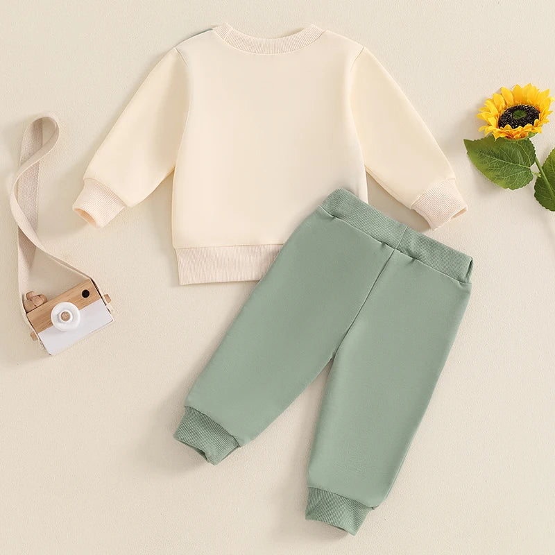 Baby toddler boys fall outfit set with long sleeve contrast color crewneck top and solid pants, by August + Willow.