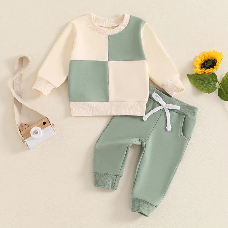Baby boys' fall outfit set with a contrast long-sleeve crewneck top and solid pants, by August + Willow for 6-12 months.