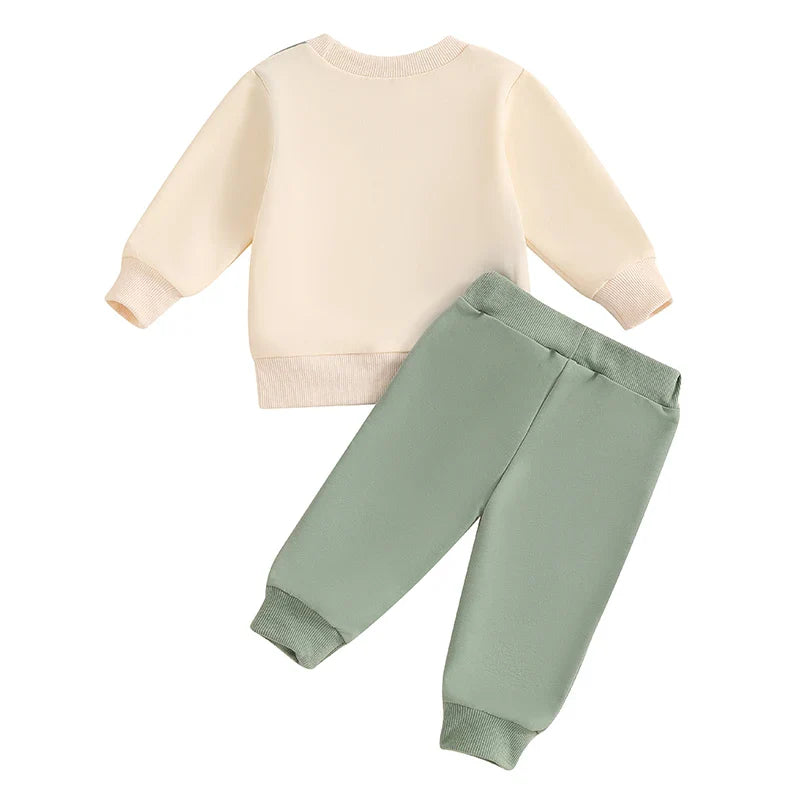 Baby toddler boys fall outfit set with long sleeve contrast color crewneck top and solid pants, by August + Willow.