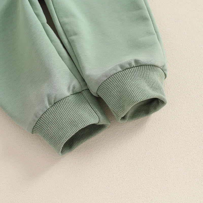 Baby boys' fall 2-piece outfit by August + Willow with long sleeve contrast crewneck top and solid pants, suitable for 6-12 months.