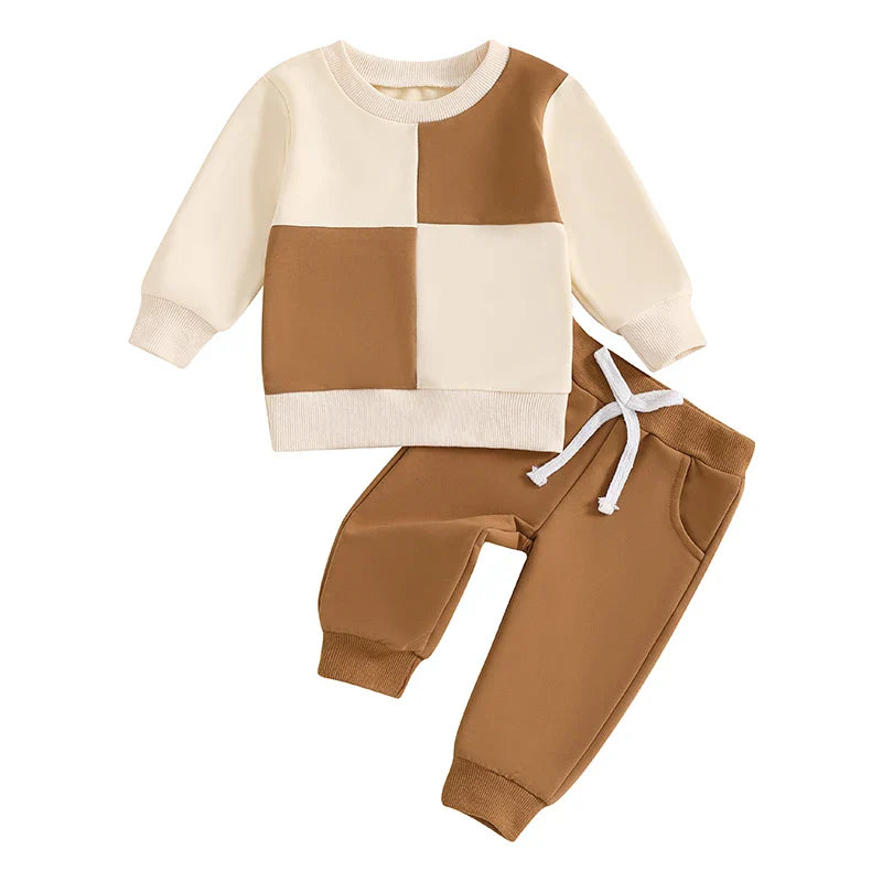 Baby toddler boys fall outfit set with long sleeve contrast crewneck top and solid pants, by August + Willow for 6-12 months.
