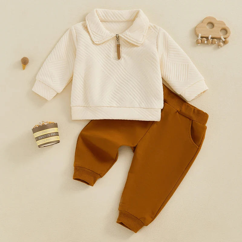 Baby toddler boys autumn outfit set by August + Willow, includes long sleeve lapel pullover and solid color pants for ages 2-3.