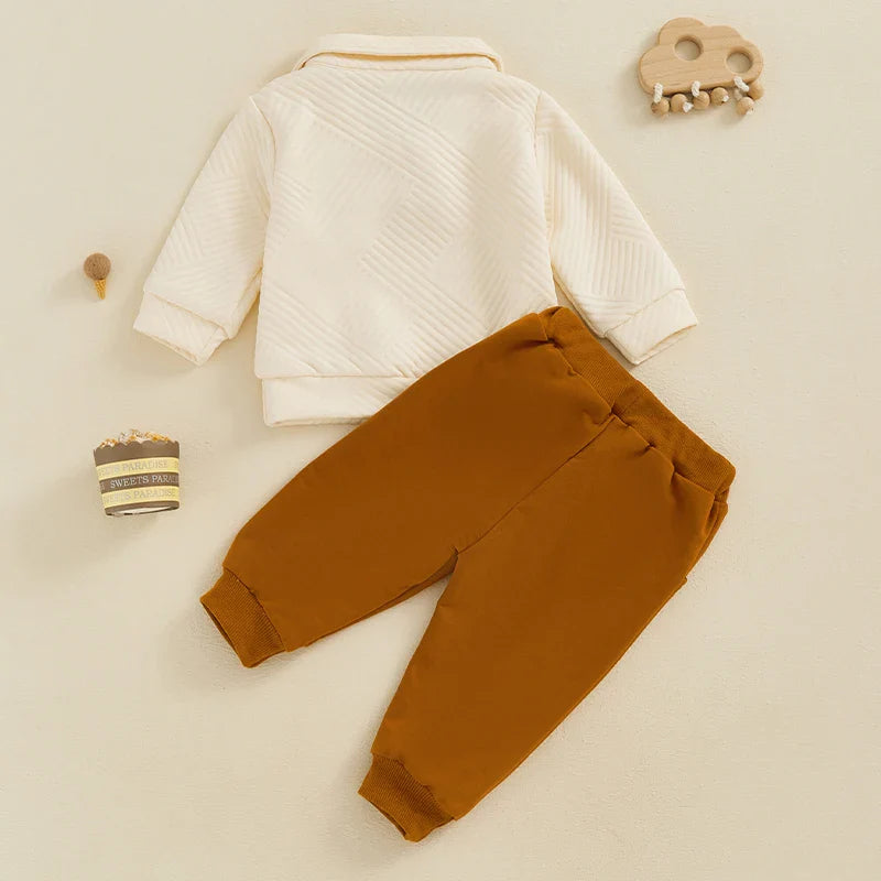 Baby toddler boys' 2-piece autumn outfit set with long sleeve lapel pullover and solid color pants by August + Willow.
