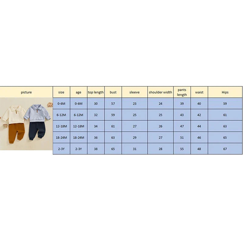 Baby toddler boys autumn outfit set by August + Willow with long sleeve lapel pullover and matching solid color pants for ages 2-3 years.
