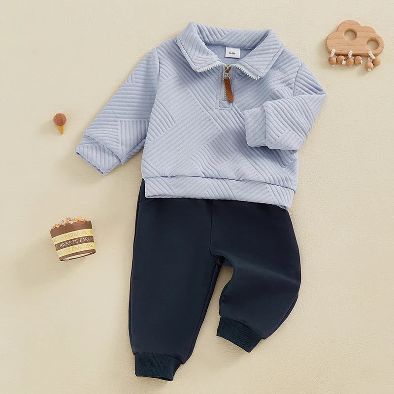 Baby toddler boys' 2-piece autumn outfit set by August + Willow with long sleeve lapel pullover and solid color pants.