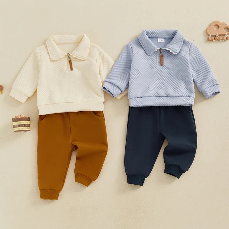 Baby toddler boys autumn outfit set by August + Willow, includes long sleeve lapel pullover and solid color pants for ages 2-3 years.