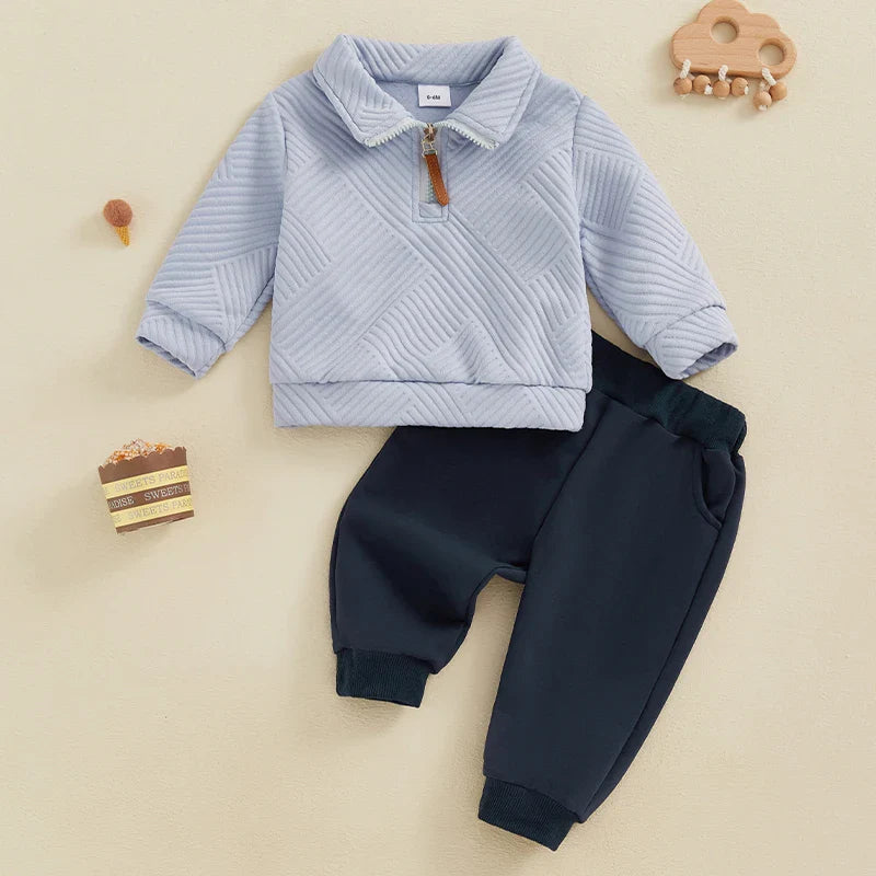 Baby toddler boys autumn outfit set by August + Willow with long sleeve lapel pullover and solid color pants, suitable for ages 2-3 years.