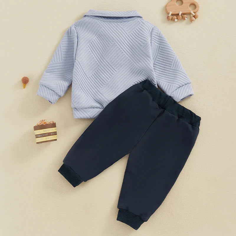 Baby toddler boys autumn outfit set with long sleeve lapel pullover and solid color pants, by August + Willow for ages 2-3 years.