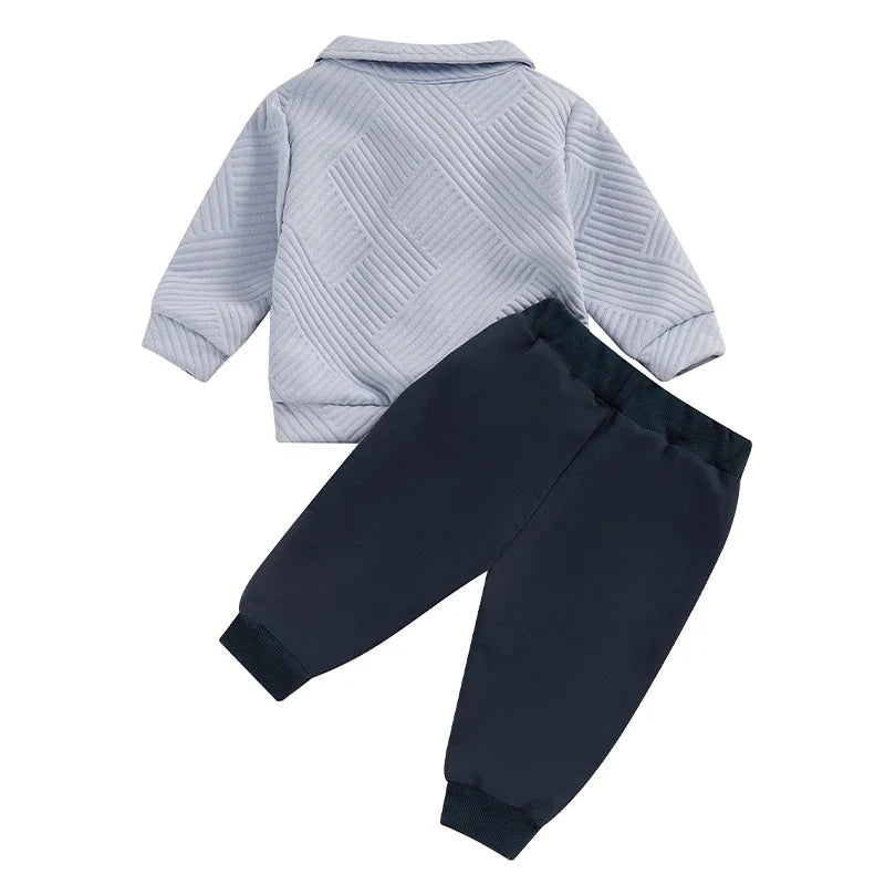 Baby toddler boys autumn outfit set by August + Willow with long sleeve lapel pullover and matching solid color pants, suitable for ages 2-3.