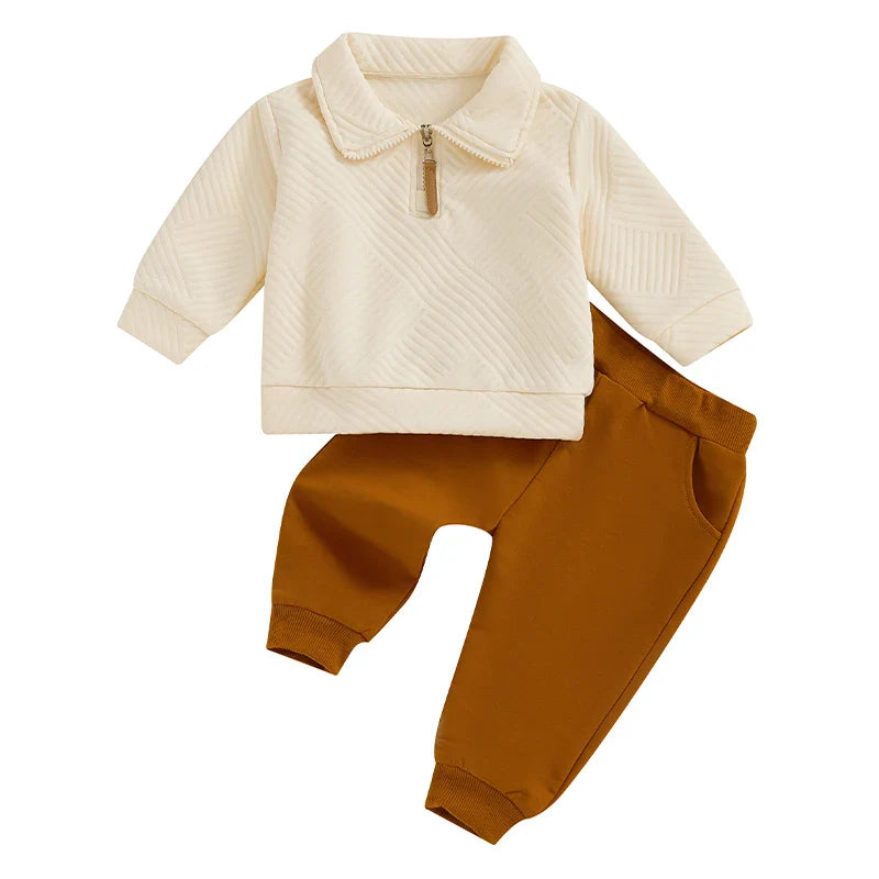 Baby toddler boys autumn outfit set from August + Willow with long sleeve lapel pullover and solid color pants for ages 2-3 years.
