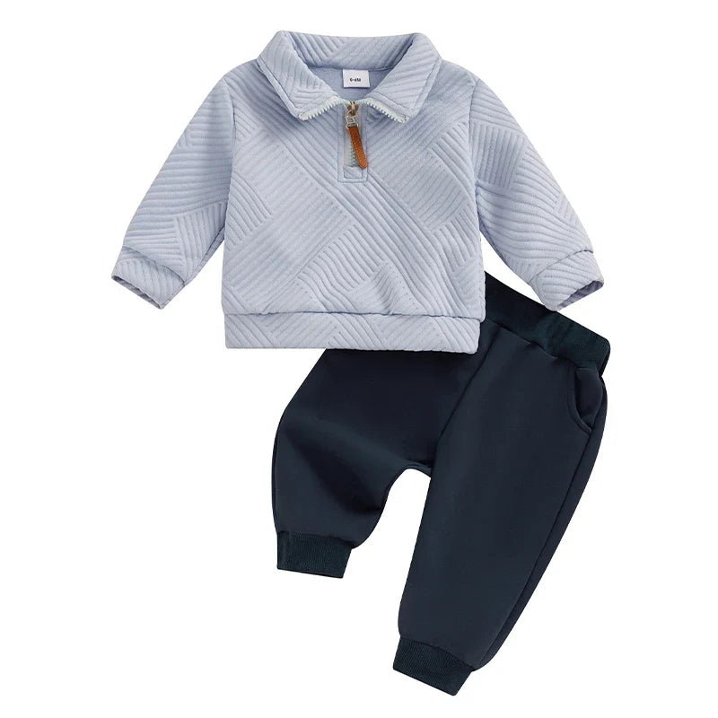 Baby toddler boys' 2-piece autumn outfit set by August + Willow with long sleeve lapel pullover and solid color pants.