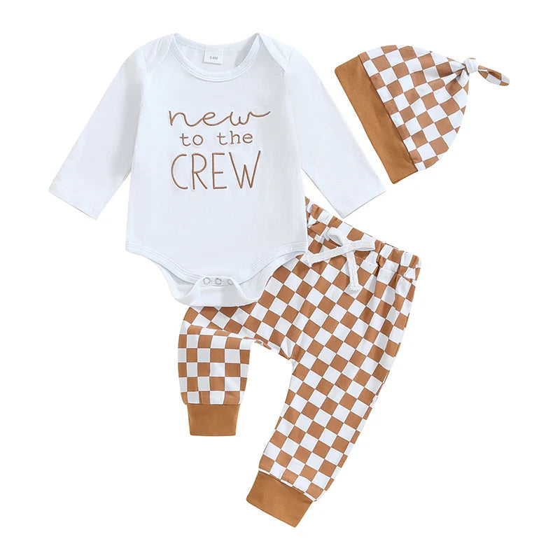 Baby boy fall outfit set from August + Willow includes a letter print long sleeve romper, elastic checker pants, and a beanie hat.