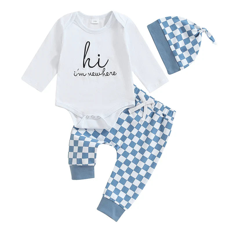 Baby boy fall outfit set by August + Willow with letter print long sleeve romper, elastic checker pants, and beanie hat for 3-6 months.