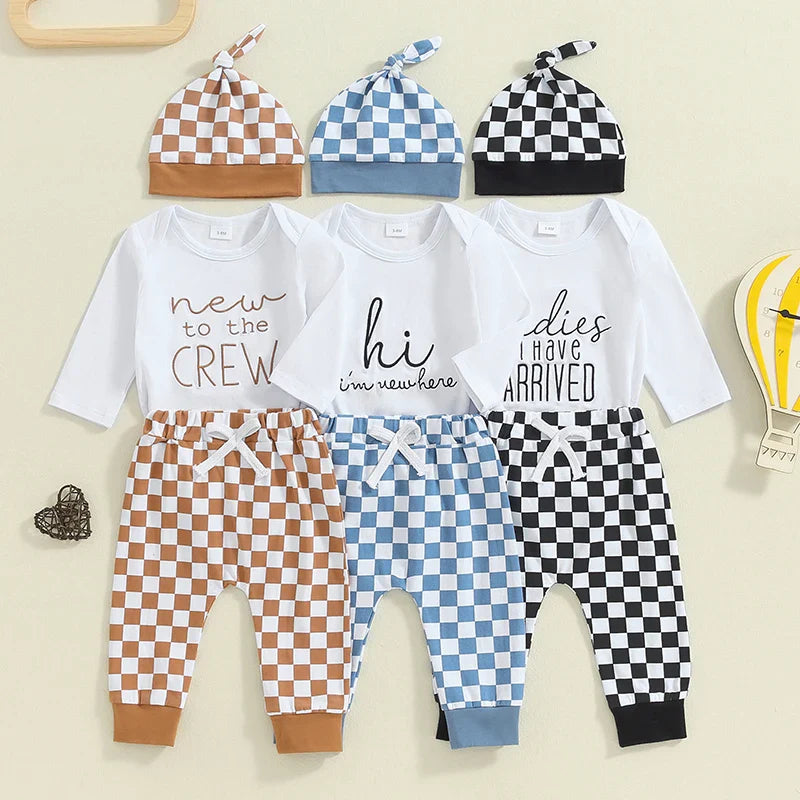 Baby boy 3-piece fall outfit by August + Willow with letter print long sleeve romper, checker pants, and beanie hat for 3-6 months.