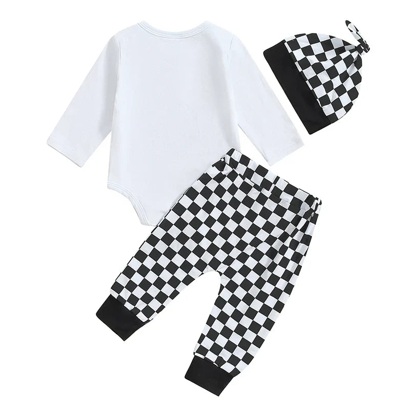 Baby boy fall outfit set by August + Willow, includes letter print long sleeve romper, checker pants, and beanie hat, 3-6 months.