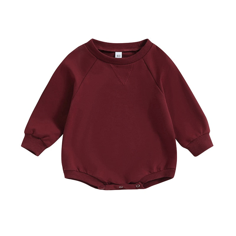 Baby girls and boys burgundy long sleeve bodysuit jumpsuit by August + Willow, crew neck, solid fall outfit for infants.