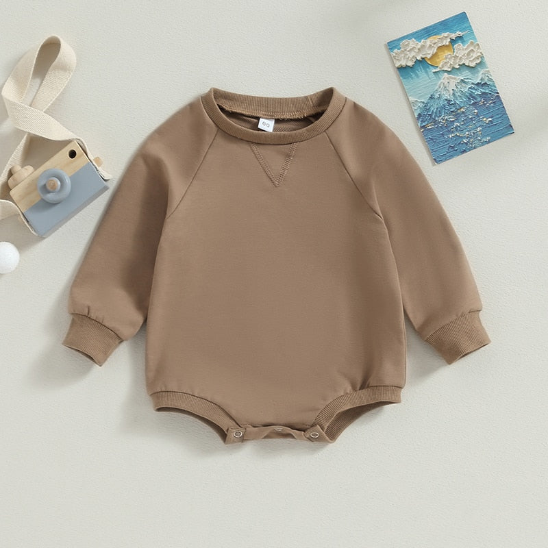 Baby girls and boys burgundy long sleeve bodysuit by August + Willow, crew neck jumpsuit perfect for fall.