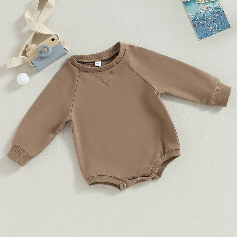 Baby girl and boy burgundy long sleeve bodysuit jumpsuit by August + Willow, solid crew neck fall romper for infants.