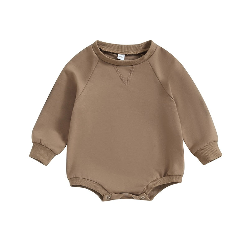 Baby girls and boys burgundy bodysuit by August + Willow, long sleeve crew neck jumpsuit for fall, toddler outfit.