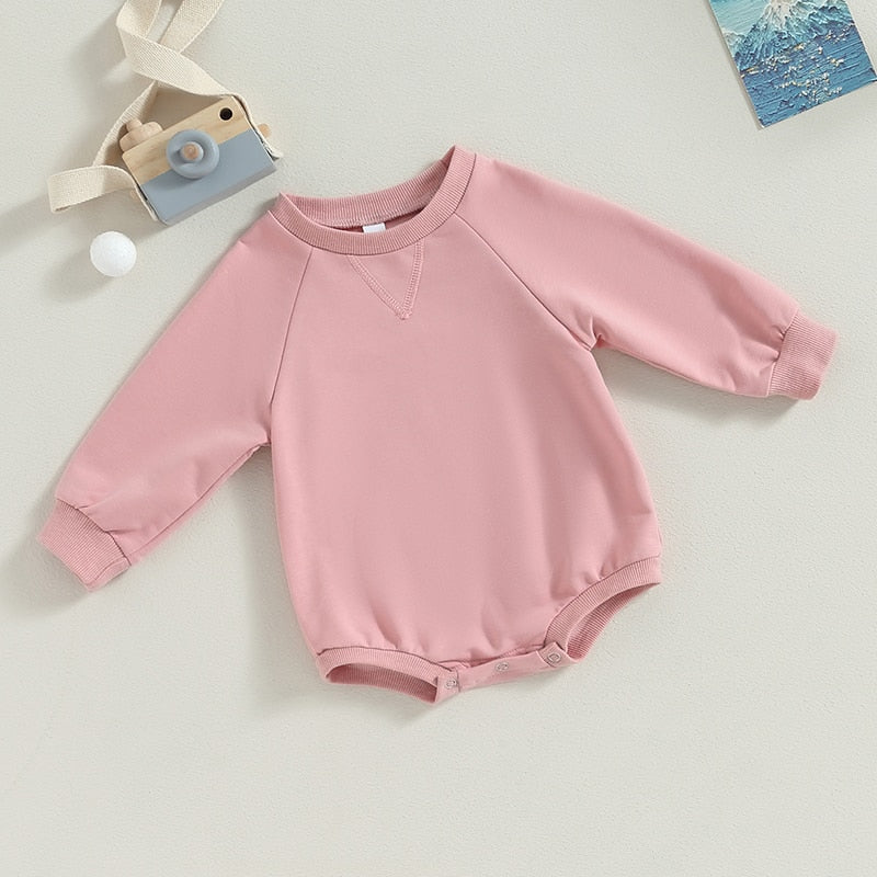 Baby girls and boys burgundy long sleeve jumpsuit by August + Willow, solid crew neck romper for fall outfits, 6 months.