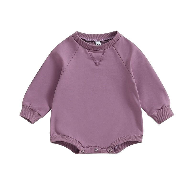 Baby girls and boys burgundy long sleeve bodysuit jumpsuit with solid crew neck, perfect for fall from August + Willow.