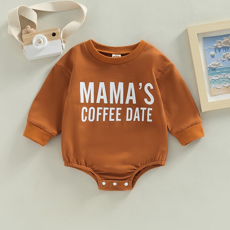 Baby toddler long sleeve bubble romper with coffee date print by August + Willow, suitable for infant boys and girls.