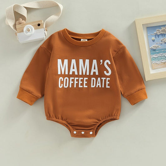 Baby toddler long sleeve bubble romper with coffee date print by August + Willow, suitable for infant boys and girls.