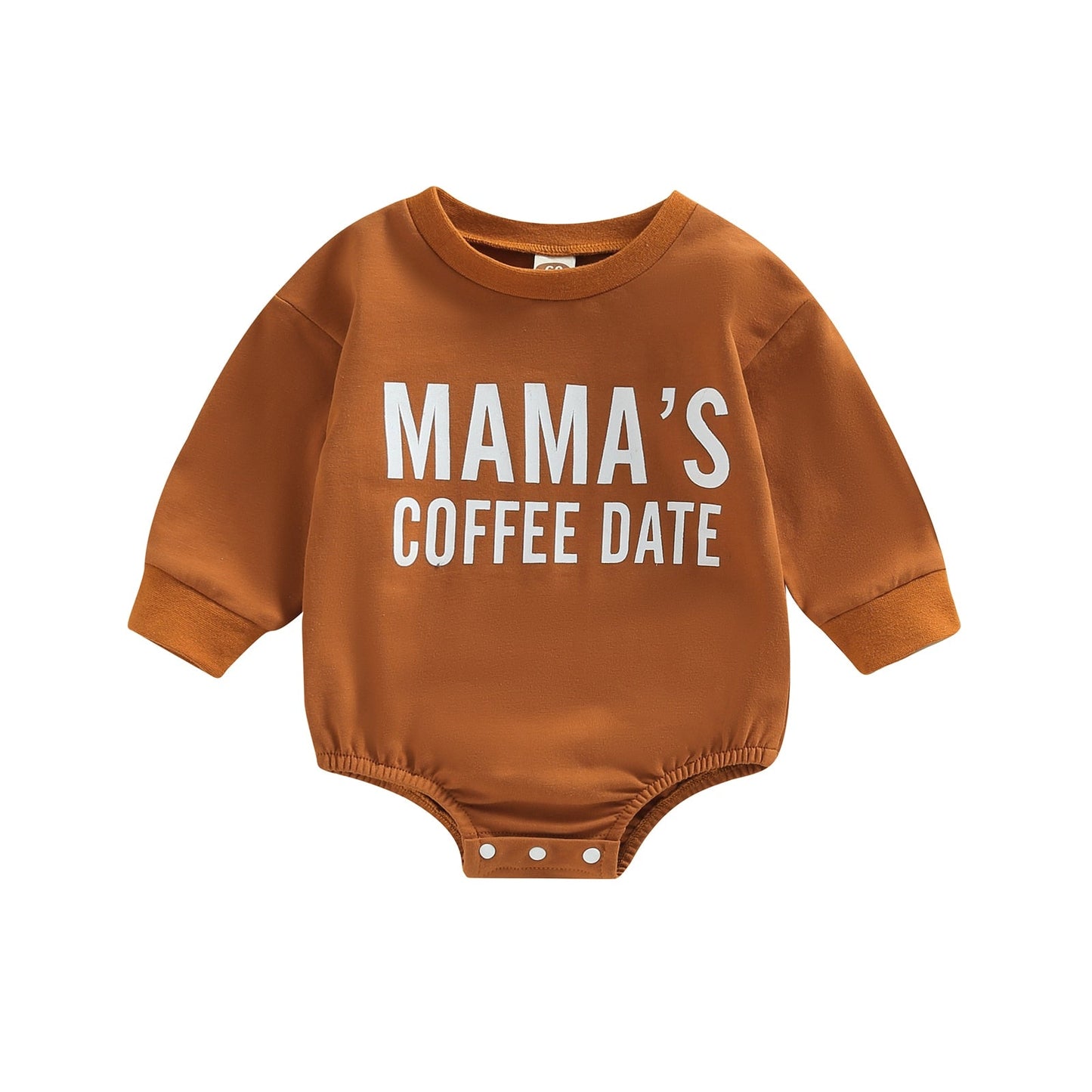 Baby boy or girl in August + Willow coffee date print long sleeve bubble romper, toddler outfit for infants and toddlers.