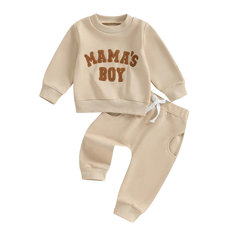 Gray toddler baby boy fall winter 2-piece outfit set with long sleeve letter Mama's Boy crewneck top and jogger pants by August + Willow.